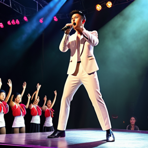 Home 4 **A Thai stage actor transitioning into a singing career, performing on a concert stage with vibrant lighting and a cheering crowd.** (Focus: Career change success story)