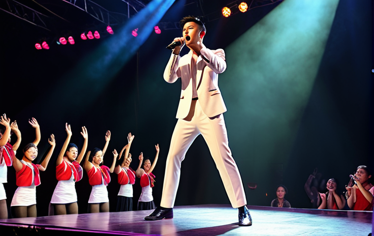 **A Thai stage actor transitioning into a singing career, performing on a concert stage with vibrant lighting and a cheering crowd.** (Focus: Career change success story)